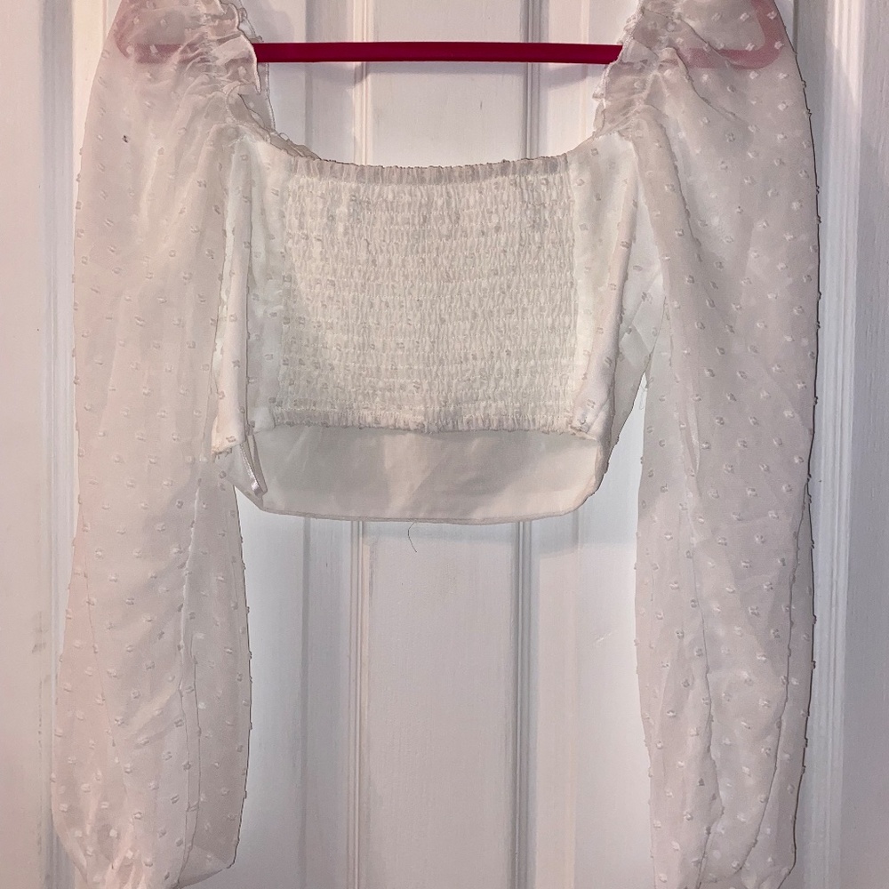 Flowy Sleeve White Polka Dot Sweetheart Neckline Embroidery Top Crop Girly Small - Picture 4 of 4